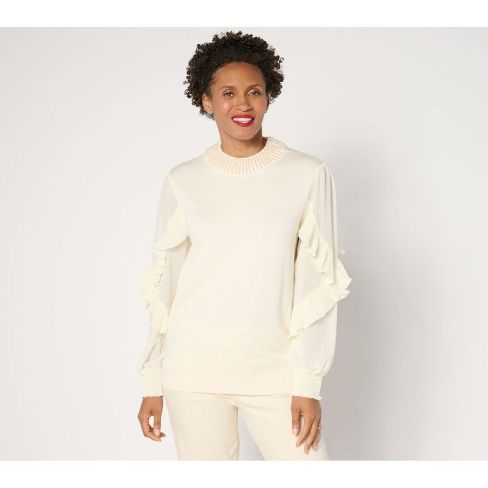 Mally Roncal Women's Top Sweater Sz L Jules Embellished Neck White A670705